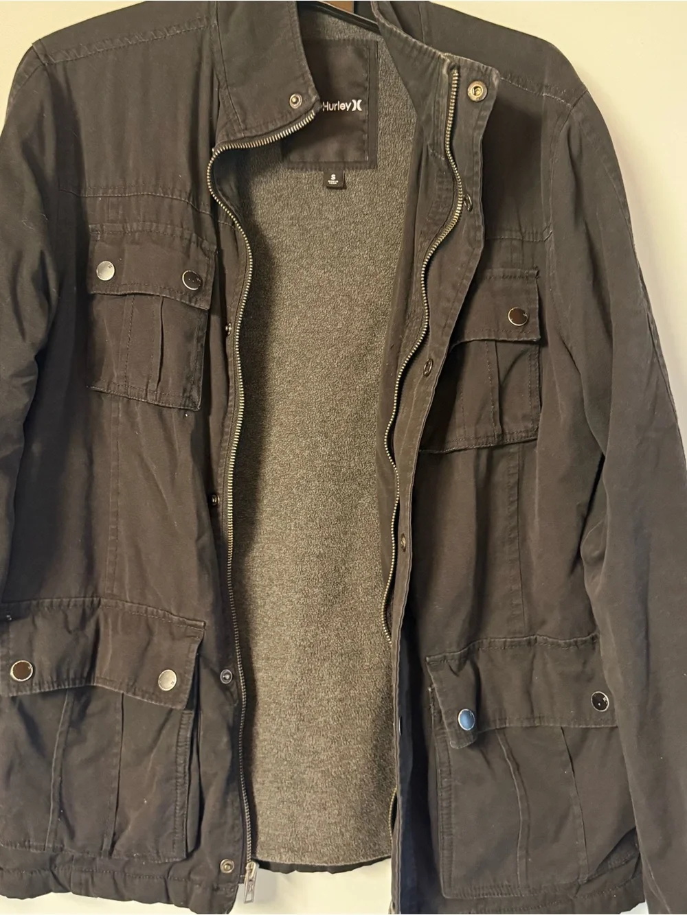 Hurley Men's Black Military Field Jacket with Multiple Pockets